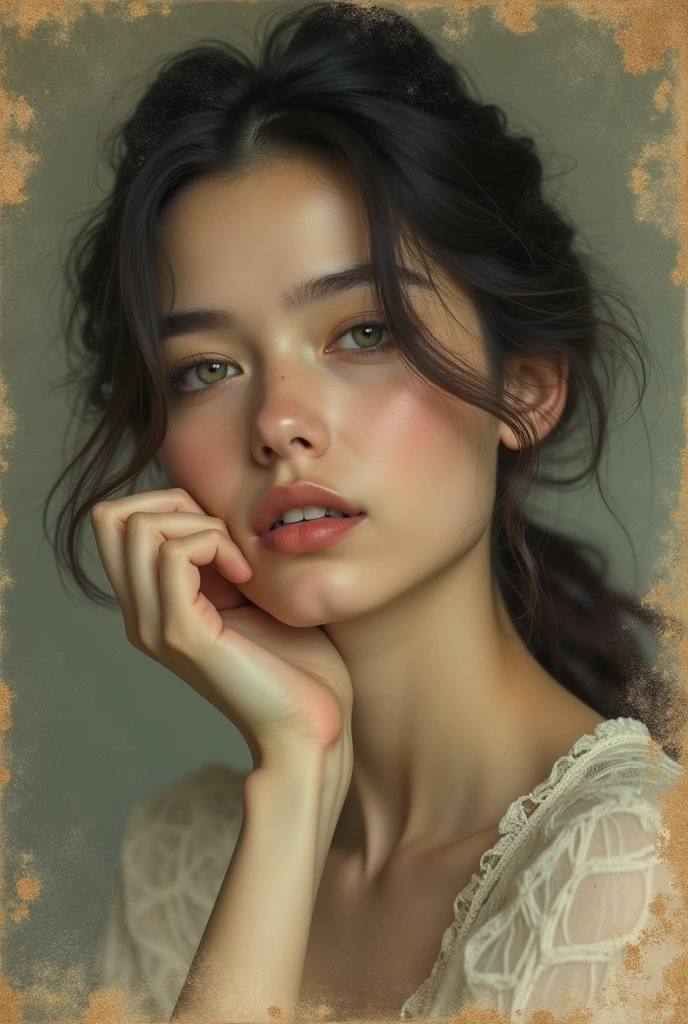a close-up of a young woman's face, pose with hand on chin on a piece of paper, realistic old photograph, realistic old photo, grainy damaged photo, on old paper, aged photo, old photo, damaged photo, very old photo, old photo, post-grunge portrait, inspired by Anna Füssli, old photography, Piece Ebru Şahin, to restore.