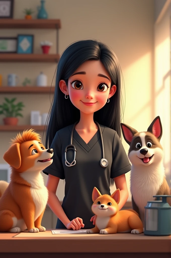 Pixar Cover Veterinarian girl with straight black hair all straight hair loose back hair ,black doctor pajamas , small lips, Wide nose, small and animal eyes