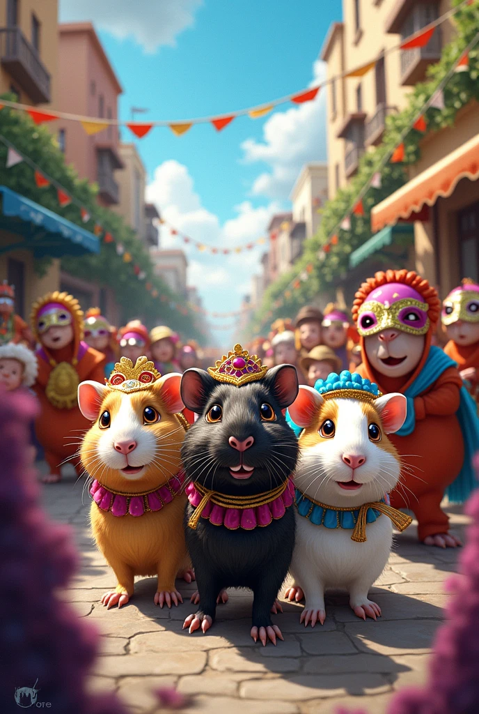He acts as a graphic designer and creates images that present the carnival of blacks and whites with all its festive elements., like brown and white guinea pigs with masks, In the city center, including the Laguna de la Cocha in the background