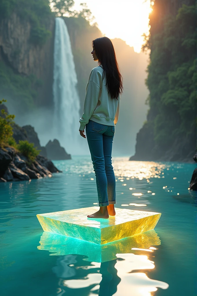 water art, Parallax art, ilusion, colorfull kontras, clear image shot seorang wanita cantik hoodie putih, jeans biru, rambut hitam indah, apik glosy,pose beauty, berdiri di atas batu pentagonal transparent glowing biru, kuning, hijau, sangat nyata, suasana bungalow mewah,tebing karang pegunungan, air terjun, sungai, sunset lantai glosy, bokeh, fotografi, dynamic pose, hyper realistic, masterpiece. grey scale fx