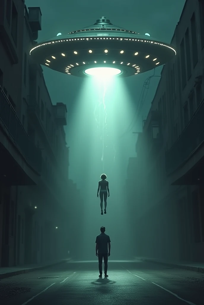 A very strange, super realistic UFO that is abducting a person in the middle of the dark street