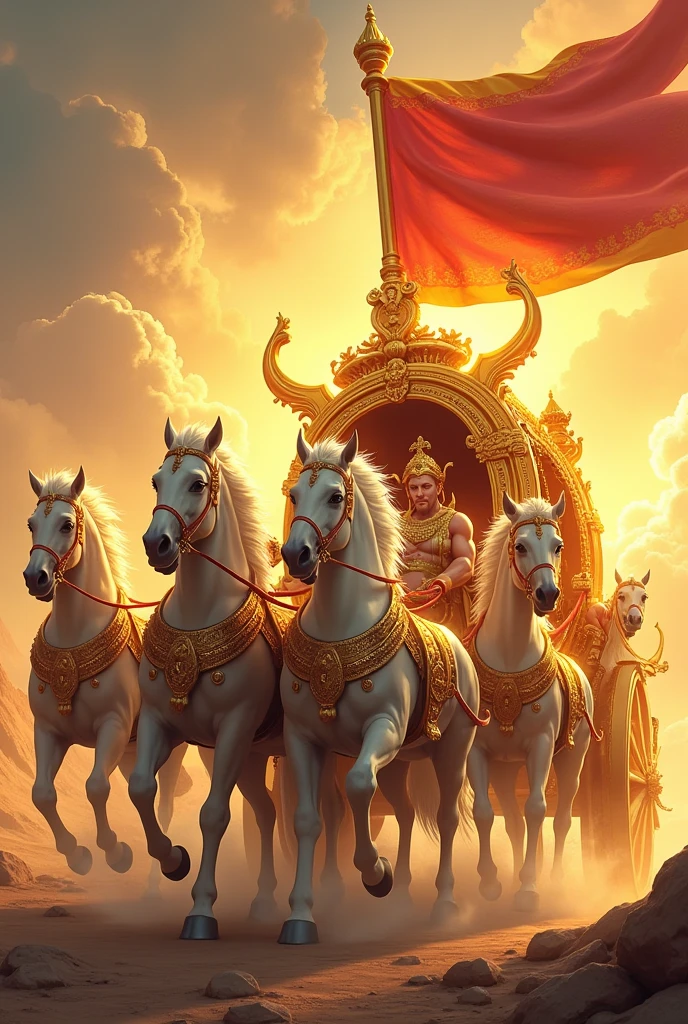 Create an image side view of a large, ornate golden chariot pulled by five majestic, powerful horses. Each horse is muscular and adorned with intricate, royal harnesses. A large golden-red flag waves proudly from the chariot, its colors vibrant against the backdrop. The entire scene is bathed in a warm, divine glow, with the chariot appearing as if it's in motion across a celestial landscape