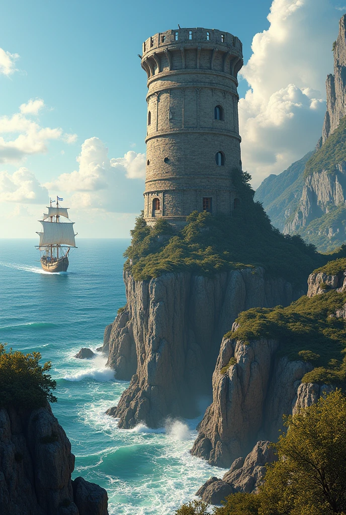 Create a landscape with a rustic rock tower (rapunzel style) , In the background an ocean with a pirate ship floating