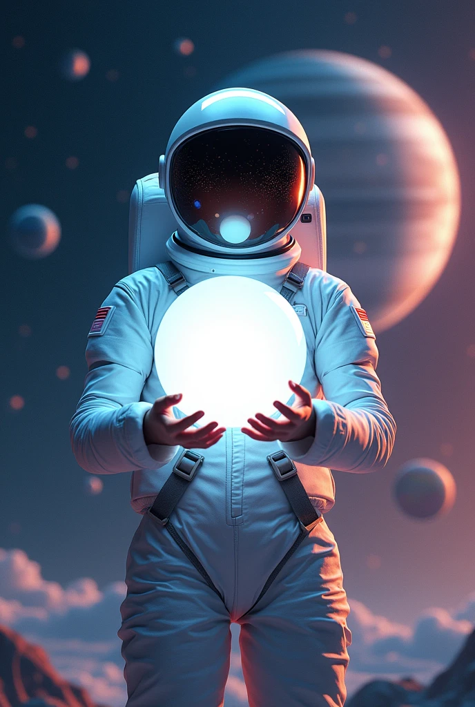 Astronaut holding white ball in front of planets in space as birthday card
