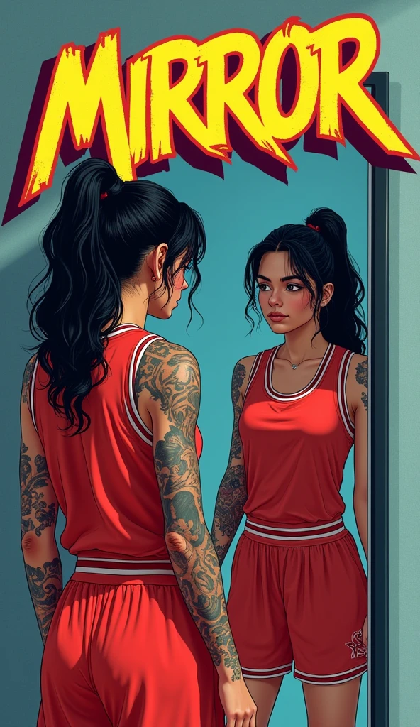 Generate an image for the cover of a song called mirror, Contains a black-haired Latina girl with tattoos dressed in red basketball clothing looking at herself in the mirror. Add a title in graffiti font that says mirror