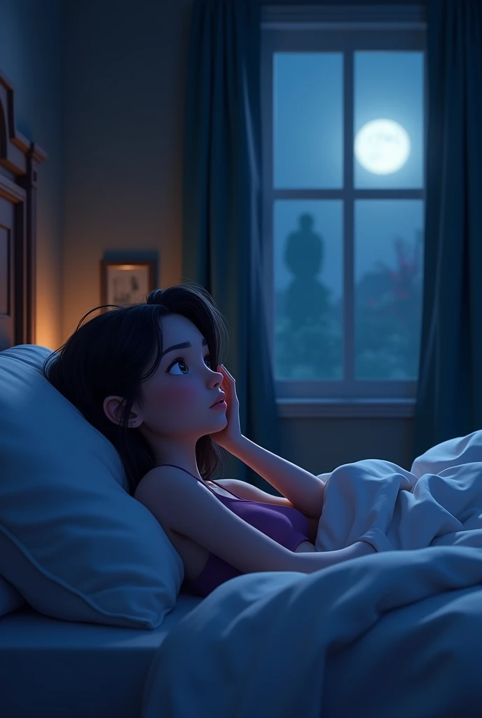 Depict a night scene where Emily is in bed, the room mostly dark with moonlight filtering through the window. The mirror is in the background, and in its reflection, there’s a faint shadowy figure, barely noticeable but clearly out of place. Emily is turning her head slightly, as if sensing something but not fully seeing it.
(Image style 3D animation, Vibrant, hyper realistic, 8K ULTRA HD pixel style, disney style, cinema 4D)