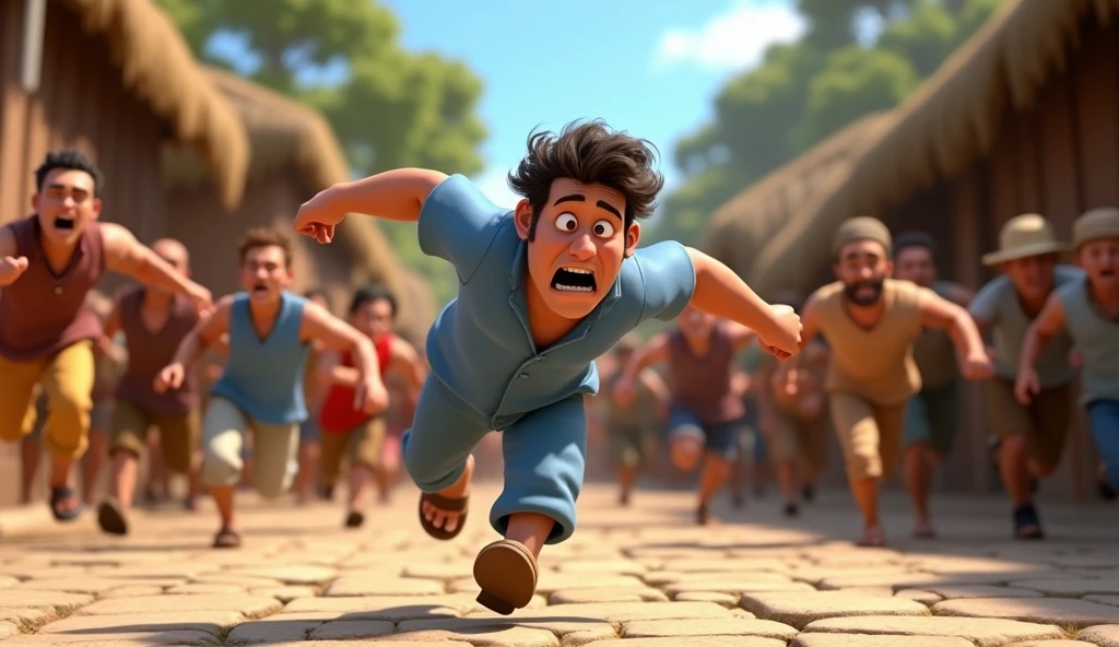 Washerman is a male, 40 years old with dark brown eyes, curly hair. He looks frightened, wearing a blue-themed shirt and pants with brown sandals, trying to run away. In the background, angry villagers chasing him. The washerman realizes he's been caught. Pixar 3D style.