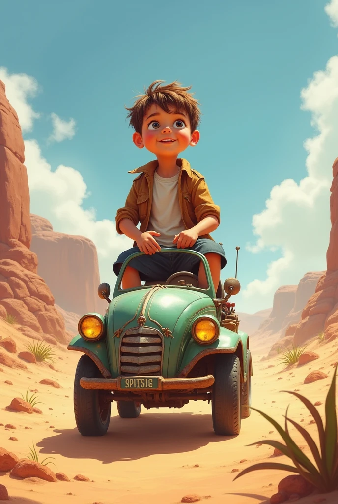 Boy riding car in desrt