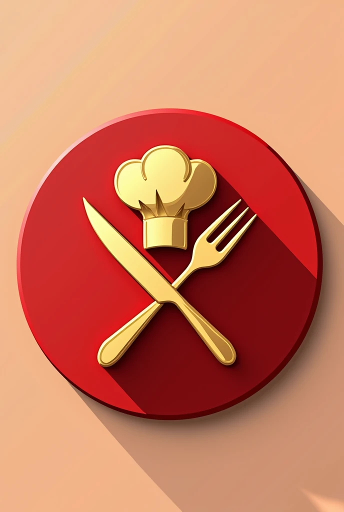 Vectorized round pin made of metal with a chef&#39;s hat and crossed chef&#39;s fork and knife model, the items being golden the metal pin with a red background. All items must be centered within the Pin, create one with all figures flattened within the pin

 