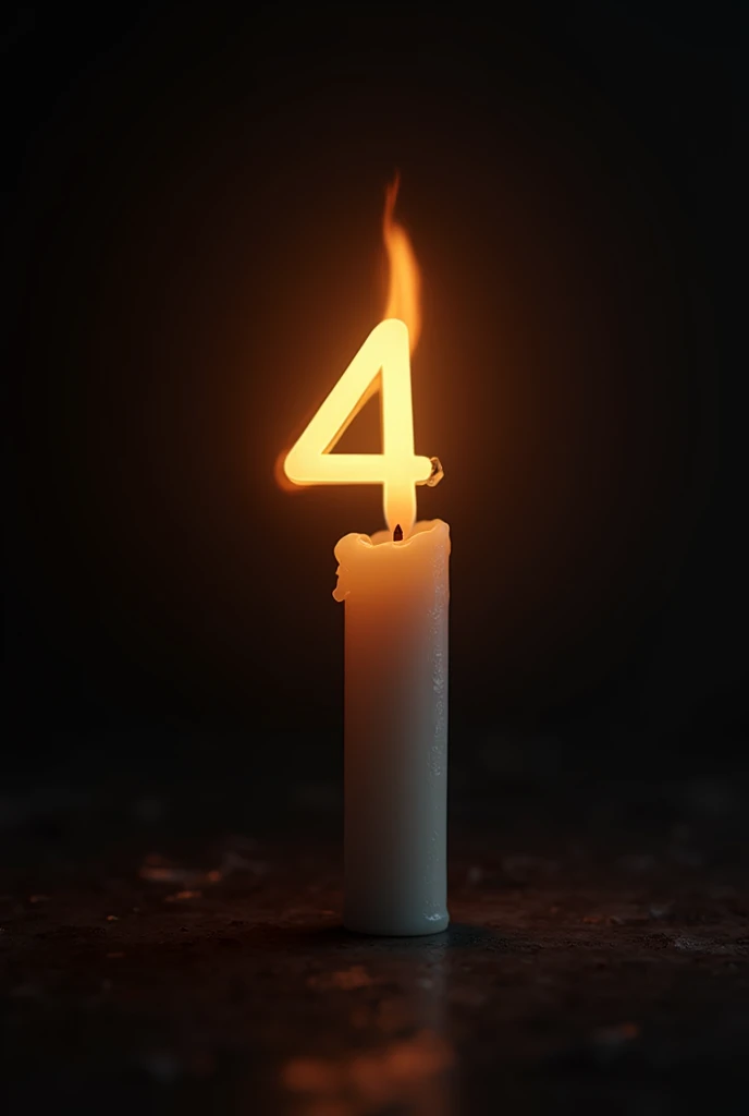A lit candle, with the flame making the shape of the number "4", dark background illuminated by candle