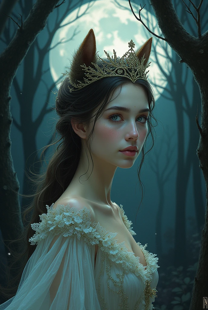 A captivating illustration of a young, beautiful woman with a mysterious and enchanting aura, revealing a hidden beastly side. She is adorned with a delicate crown and wears an elegant gown, while her beastly features are subtly visible beneath her human form. The background features a dark, mystical forest that seems to embody the duality of her nature. A full moon casts a silvery glow on the scene, illustrating the tension between her two identities.