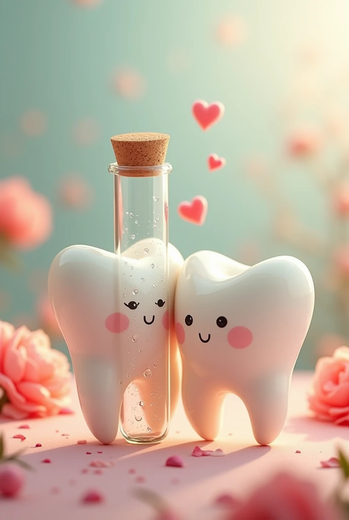 Cartoon of a tooth with breasts breastfeeding her baby tooth in pastel colors