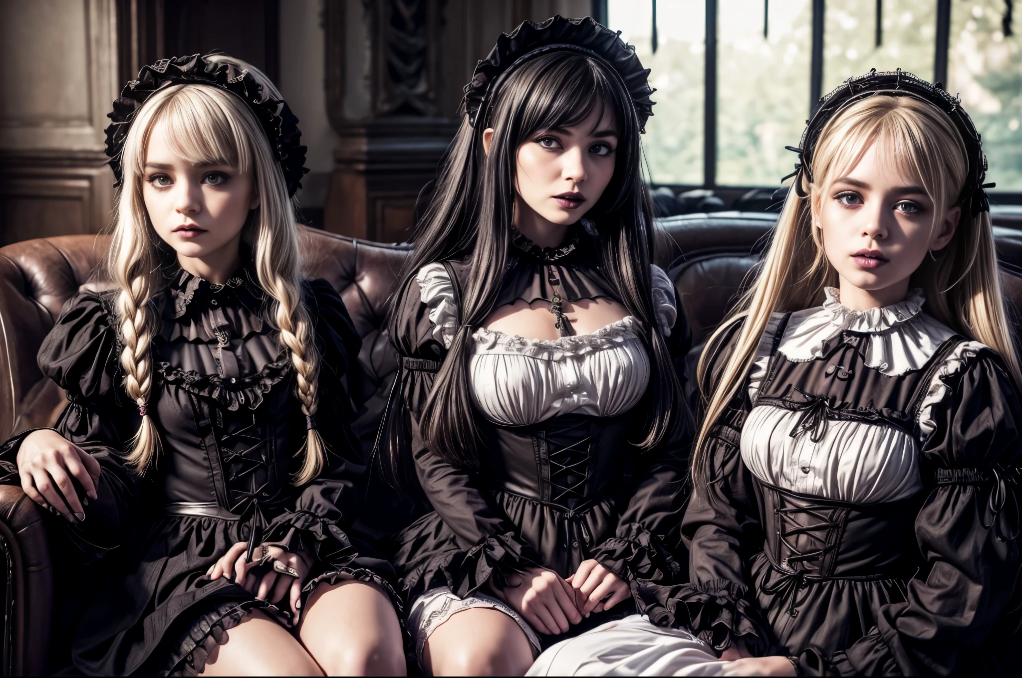 ((masterpiece、top-quality)), (Photo realistic photography:1.4) , (2 gothic ta:1.5), White Elegance, Highly detailed frills, (intricate details),2 different girls, English females, 18year old, Mystical Beautiful Girls, Very young faces, perfect anatomia, perfectly proportions, Very young figure, face perfect, Strong gothic makeup, Whitewashed face, Purple Lipstick, Purple eye shadow, (Heavy makeup:1.4), Pathological beauty, Bright on the face, Details of face, serious faces, blonde and black hair, Long straight hair, Parting aligned bangs, Hair that flutters in the wind, Gothic Loliostumes, Black bulging with panniers, Very short stature, Very small breasts, ((Two girls sitting close together on a lounge chair)), conceptual art, Reality, godrays, Cinematographic lighting, canon, high details, hiquality, HD fine, 16K resolution, Full body portrait, knee up shot