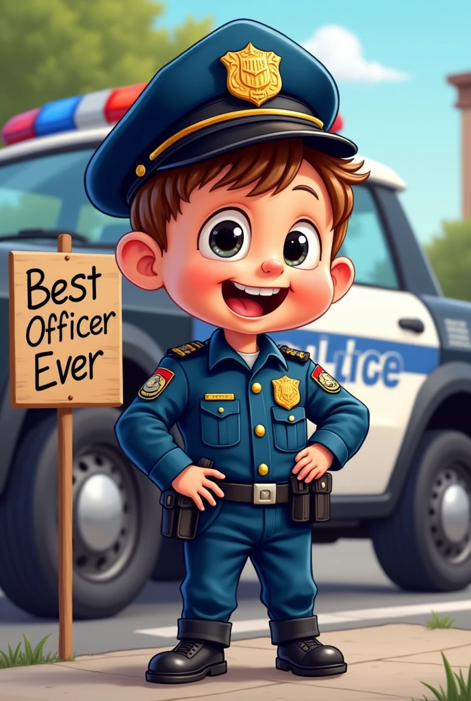 A 2d cartoon art style child wearing an officer's uniform, with a police vehicle behind him and a sign written on it best officer ever
, caricature illustration, cartoon digital painting, cartoon digital art, caricature style, 2d drwing with outline