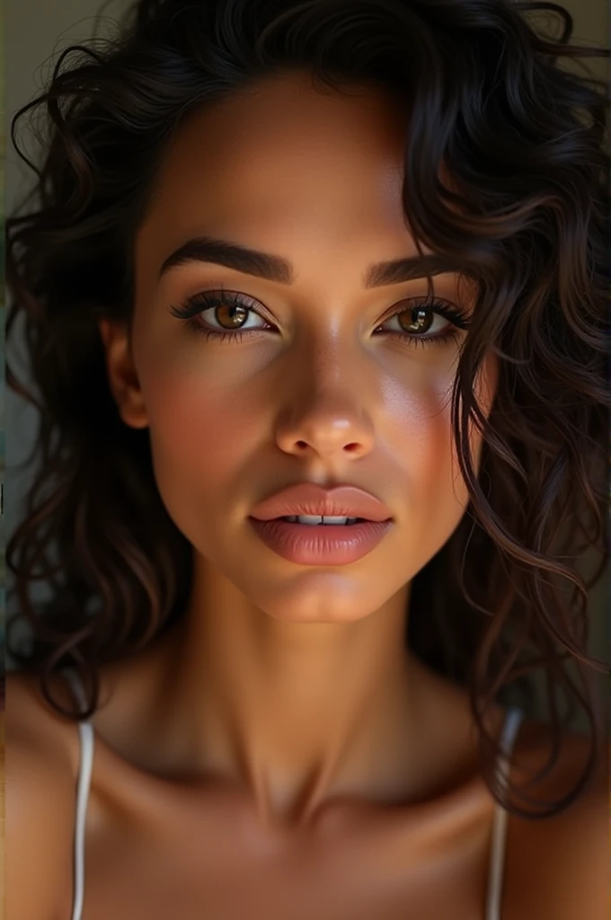 Génère moi une femme latine avec ces traits des caractères pour son visage:
Tanned or caramel skin Dark, voluminous hair Expressive eyes Well-defined eyebrows Full, luscious lips High cheekbones Slightly aquiline nose Heart-shaped face