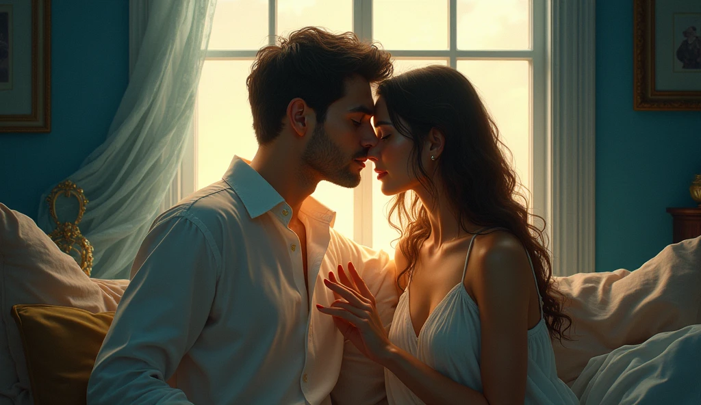 I am nothing without you man and women background , blue color, window with sunlight, relaxed pose, realistic, intricate details, warm colors, by Greg Rutkowski, by Alphonse Mucha