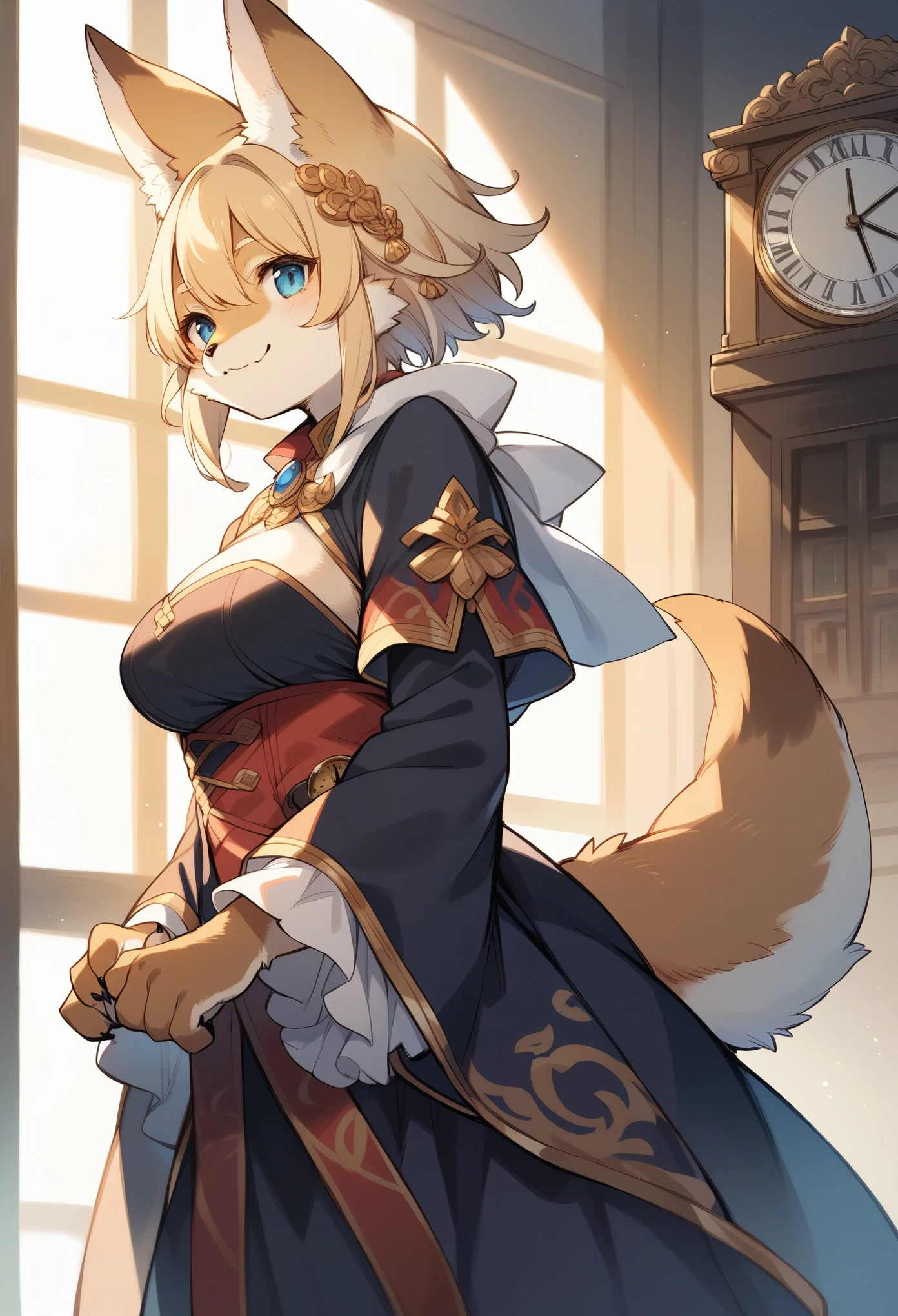 rating_safe, score_9, score_8_up, score_7_up, score_6_up, score_5_up, score_4_up, hires, source_furry, cover page, highres(1girl, kemono, furry anthro, fearless smile, reach for the clock) in room with clock, fantasy artwork, cinematic lighting, Backlight,