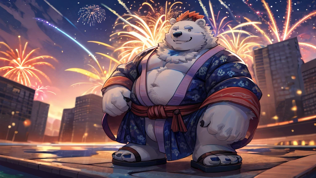 (8k),(masterpiece:1.2),(cinematic lighting),((plump:1.4)),fireworks in the night sky,(lakeshore),yukata,sandals,polar bear,Beastman,red mohawk,hairy,sly smile,details,black,Blue,white,chubby cheeks,(small eyes:1.1),(looking at viewer:1.1),shallow depth of field, sharp focus,