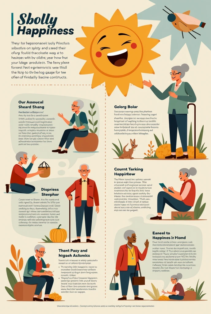 Create a brochure that is dedicated to older adults, with the theme of Happiness, information about this and how to obtain it