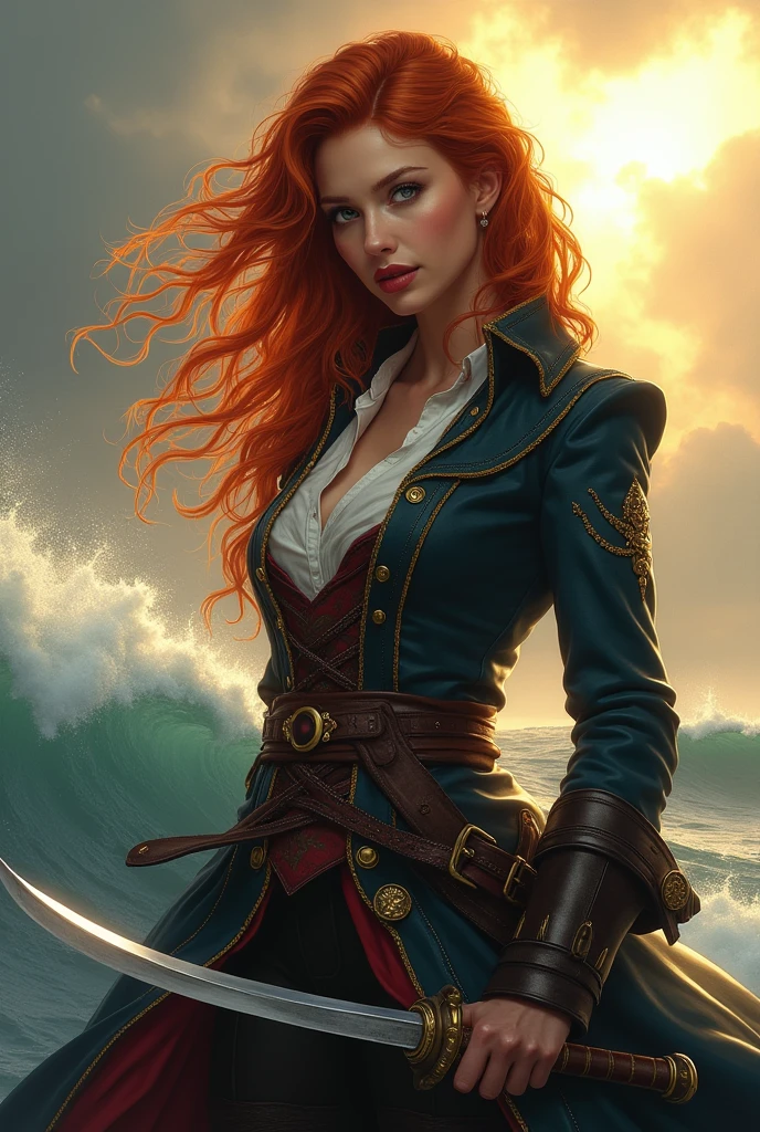 a beautiful sexy pirate girl, 1girl, detailed face, beautiful eyes, long eyelashes, detailed lips, fair skin, long curly ginger hair, pirate outfit, pirate coat, holding a sword, seascape background, waves crashing, cloudy sky, golden hour lighting, highly detailed,  fantasy art