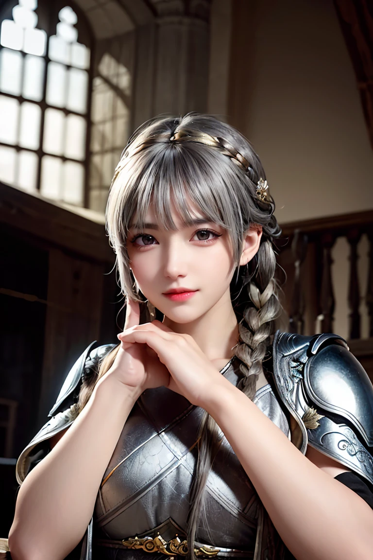Highest quality, masterpiece,Gray Hair, Golden Eyes,knight, look up, Upper Body,hair,Fair skin,Side braid、knight、Inside the medieval castle