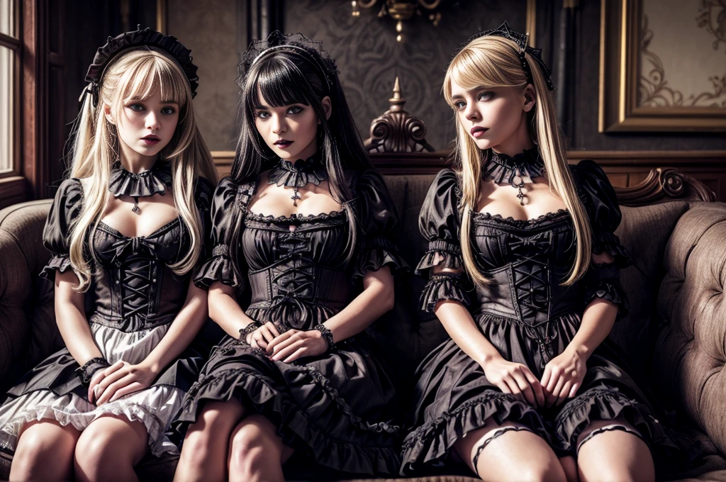 ((​masterpiece、top-quality)), (Photo realistic photography:1.4) , (2 gothic lolita:1.5), White Elegance, Highly detailed frills, (intricate details),2 different girls, English females, 18year old, Mystical Beautiful Girls, Very young faces, perfect anatomia, perfectly proportions, VERY DETAILED EYES, face perfect, Strong gothic makeup, Whitewashed face, Purple Lipstick, Purple eye shadow, (Heavy makeup:1.4), Pathological beauty, Bright on the face, Details of face, serious faces, blonde and black hair, Long straight hair, Parting aligned bangs, Hair that flutters in the wind, Gothic Lolita costumes, Black  bulging with panniers, Very short stature, Very small breasts, ((Two girls sitting close together on a lounge chair)), conceptual art, Reality, godrays, Cinematographic lighting, canon, high details, hiquality, HD fine, 16K resolution, Full body portrait, knee up shot