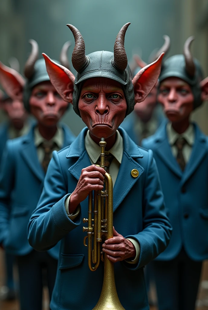 5 Devils shhh holding trumpet with lead colored sheriff hat and hat pin, blue aviation suit, White shirt