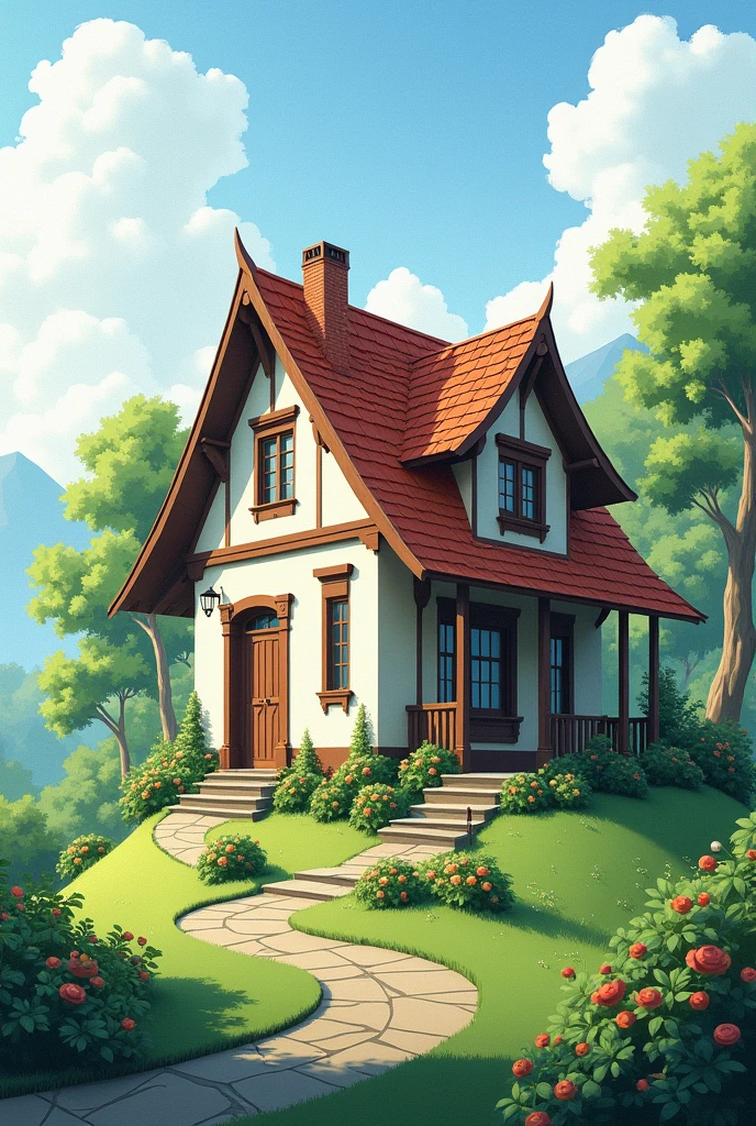 Design a beautiful and decorated house on a sloping plot, a simple house, small