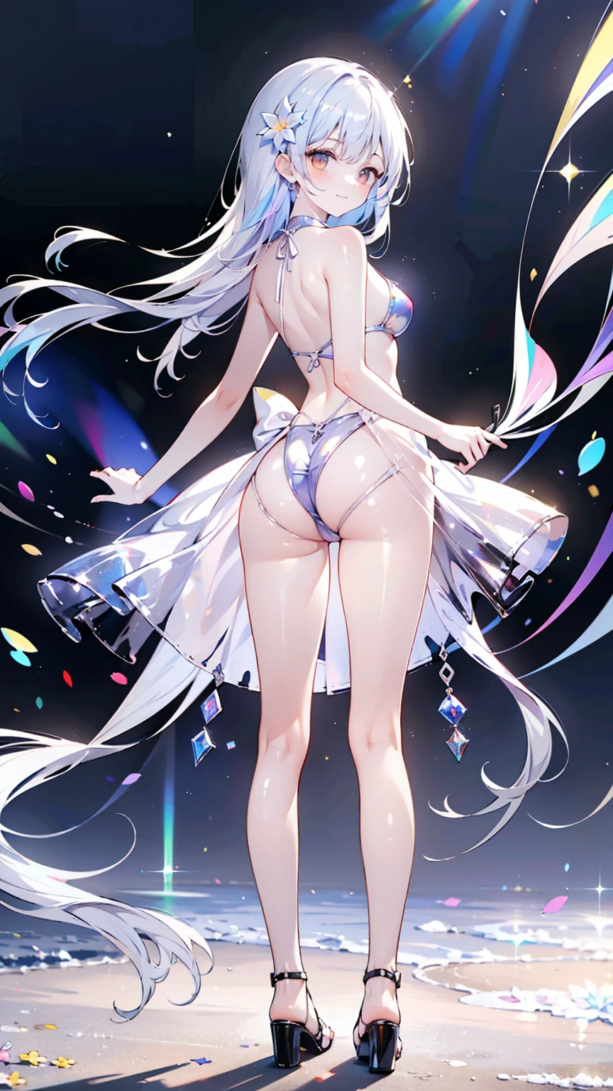 
midsummer sunshine, midday sunshine, strong light, lens flare, full body standing, from behind, Beachside terrace, many flowers, (1 girl in a iridescent bikini turns around and waves with a smile.), silver long hair and purple inner color, yellow eyes, long eyelashes, shiny glossy iridescent clothes, shiny glossy latex gradient iridescent clothes, shiny reflective clothes, sandals, many flowers, glitter effects, 177013, 