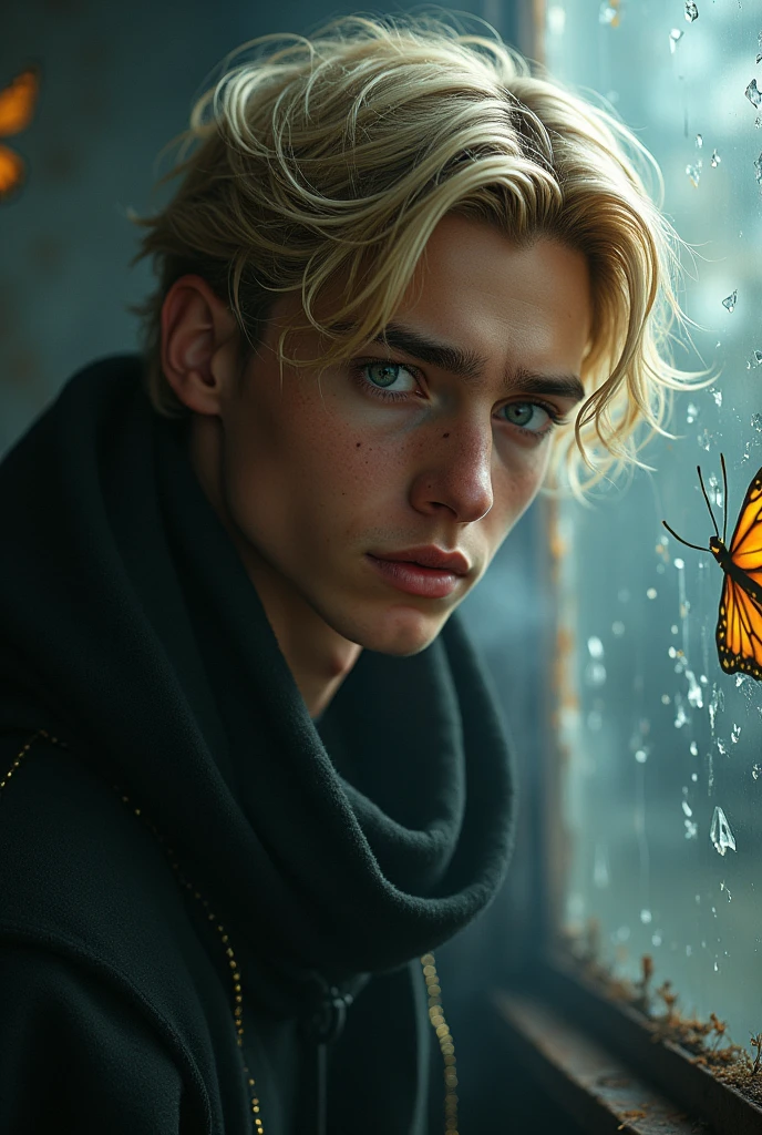 solo, full body photo:1.3), (action packed:1.3), (haze, fog, mist:1.3), chiaroscuro, best quality, photorealistic, 1man, (cute), (18yo:1.2), blondhead, highly detailed, 1700'S, digital photography, art by artgerm and ruan jia and greg rutkowski surreal painting gold butterfly filigree, broken glass, (masterpiece, sidelighting, finely detailed Fashionable eyes: 1.2) (perfect oval large eyes that looks down), beautiful detailed face, blue gorgeous perfect eyes, (attractive young man:1.3), (thick amazing hair), (shy:1.1), (scared:1.1), marks on face