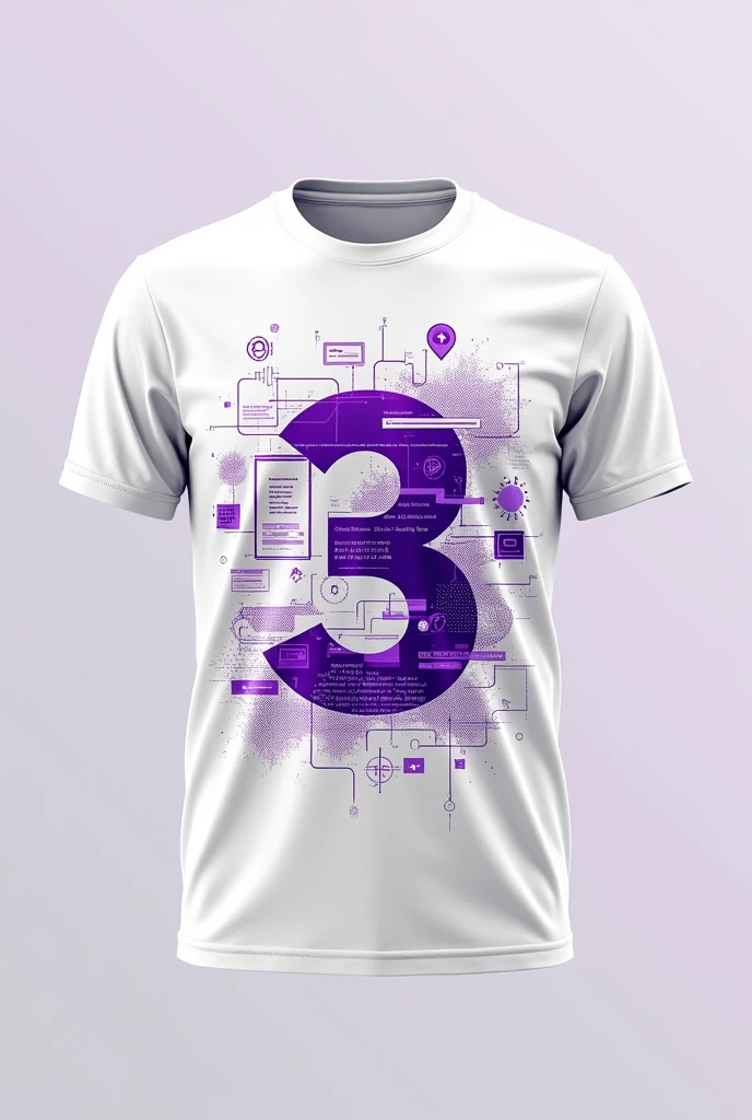 A designer of a third-year school t-shirt in white with purple details with the theme of systems development written with the number three with software drawings 
