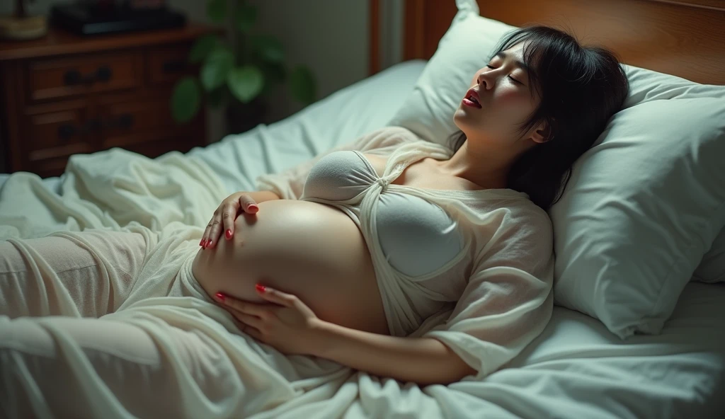 Her tall and round breasts float slightly under the gauze pajamas,full and firm,The nipple shrinks slightly due to contact with air。Her pregnant belly is the center of her body.,The snow-white belly bulged high,Round and smooth like a pearl,There are a few faint blue and red blood streaks on the bottom of the abdomen,As if telling the hardship of her upcoming birth。Her legs are slightly bent,Looks particularly weak and frail,As if waiting for the coming birth moment。
Rongjing's hands gently grasped the bed sheet,The body trembles slightly due to the pain,A painful expression on his face。She was short of breath,Every time she contracted, her body arched involuntarily.,From time to time, suppressed moans came out of his mouth。Her eyes were closed,Frowning,Appears to be extremely painful and nervous。
sudden,The pregnant belly twitched violently,The soft touch of the belly suddenly becomes hard,Rong Jing's face turned pale,I couldn't help but hold on to the quilt,Moaning:“好痛啊…”
“子宫sudden狠命绞紧,The trembling and severe pain of the uterine membrane no longer have a break,Rong Jing raised her head and screamed in pain,Push down from the belly with both hands。Her eyes were empty,Keep whispering:come out,快come out...It hurts so much...It's time to give birth...”
