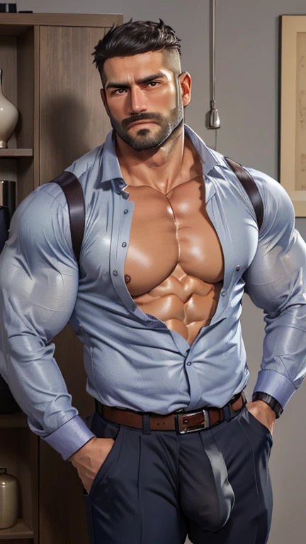 (masutepiece, Best Quality:1.2), Cowboy Shot, Solo, Male Focus, 1boy, Indian beared businessman, Closed mouth, Looking at Viewer, Hands in pockets, Open your clothes, muscular guy, burly, hunk, Hot, big shoulders, musculature、(big chest)、 (hyperdetailed face)、nicebulge