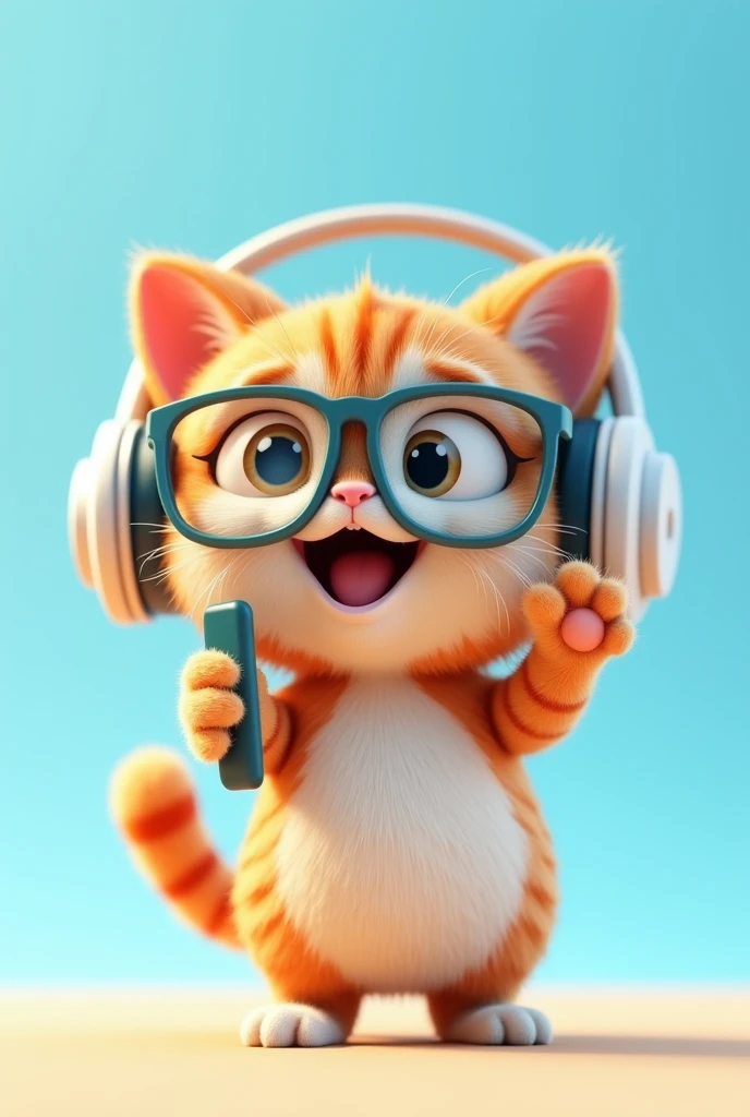 A cute 3D cat wearing glasses and headphones is happily talking on a cell phone against a bright blue sky.