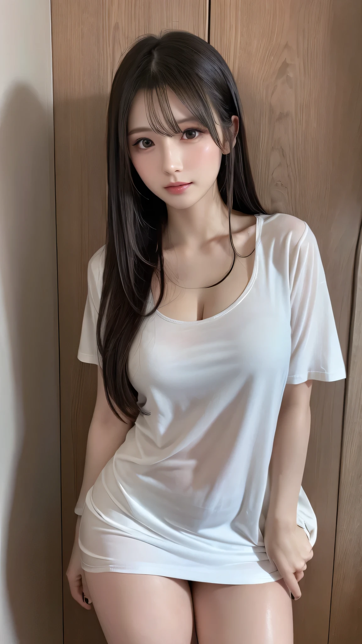 in 8K,photos realistic (1 Cute Japanese Idol ) low-tied long hair, Thin makeup, Medium chest size, Close-up portrait, nffsw、Punk Girl、Pendants,breasts deep cleavage、FULL BODYSHOT、beauty legs、Beautiful legs、1 、She's looking at this、(Super beautiful girl:1.5)、(A detailed face)、Adult face、Bare legs, thighs、a closeup、full body Esbian、Nasty eyes、((Random sexy poses:1.5)),((full shot:1.5)),((beautiful skin:1.5)) ,((Wearing a large Y-shirt:1.5)),((An inviting pose:1.7)),(Inside the room)