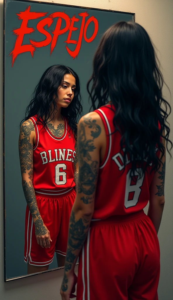 A cover for a song called mirror and is dedicated to a girl with tattoos, in the best quality That the girl is Latina and is dressed in an urban way with red and black basketball clothes With the title in graffiti font that says mirror

