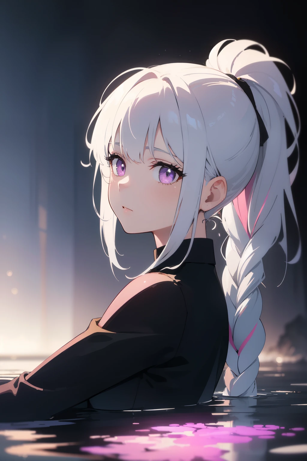 (masterpiece, Best quality, ultra detailed, best shadow), (detailed background, dark fantasy), (beautiful detailed face), high contrast, (Better lighting, very gentle and beautiful), ((cinematic light)), colorful, hyperdetailing, dramatic light, complex parts, (1 girl, white hair with pink tint, Sharp face, purple eyes, braided hair in a ponytail, Dynamic angle, black clothes), depth of field, Black light particles, (broken glass), sitting on the water, reflection in water, full length, side view
