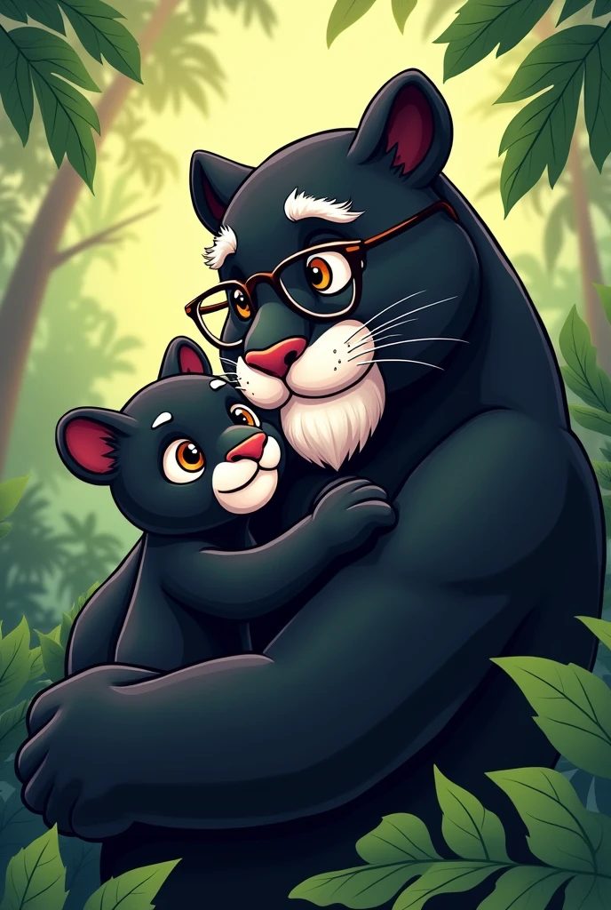 Cartoon of a little black jaguar hugging his cute black jaguar grandfather with glasses and white beard