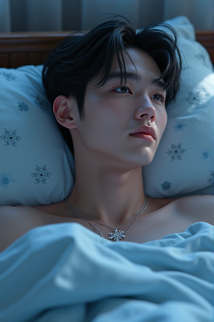 A twenty year old boy with a midpart haircut and beard with a silver snowflake necklace and manga bed