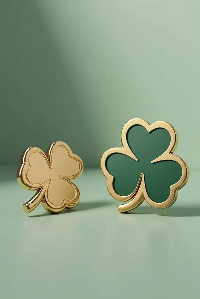 Create two different models of metallic pins with four-leaf clovers where only the clover is colored with gold edges