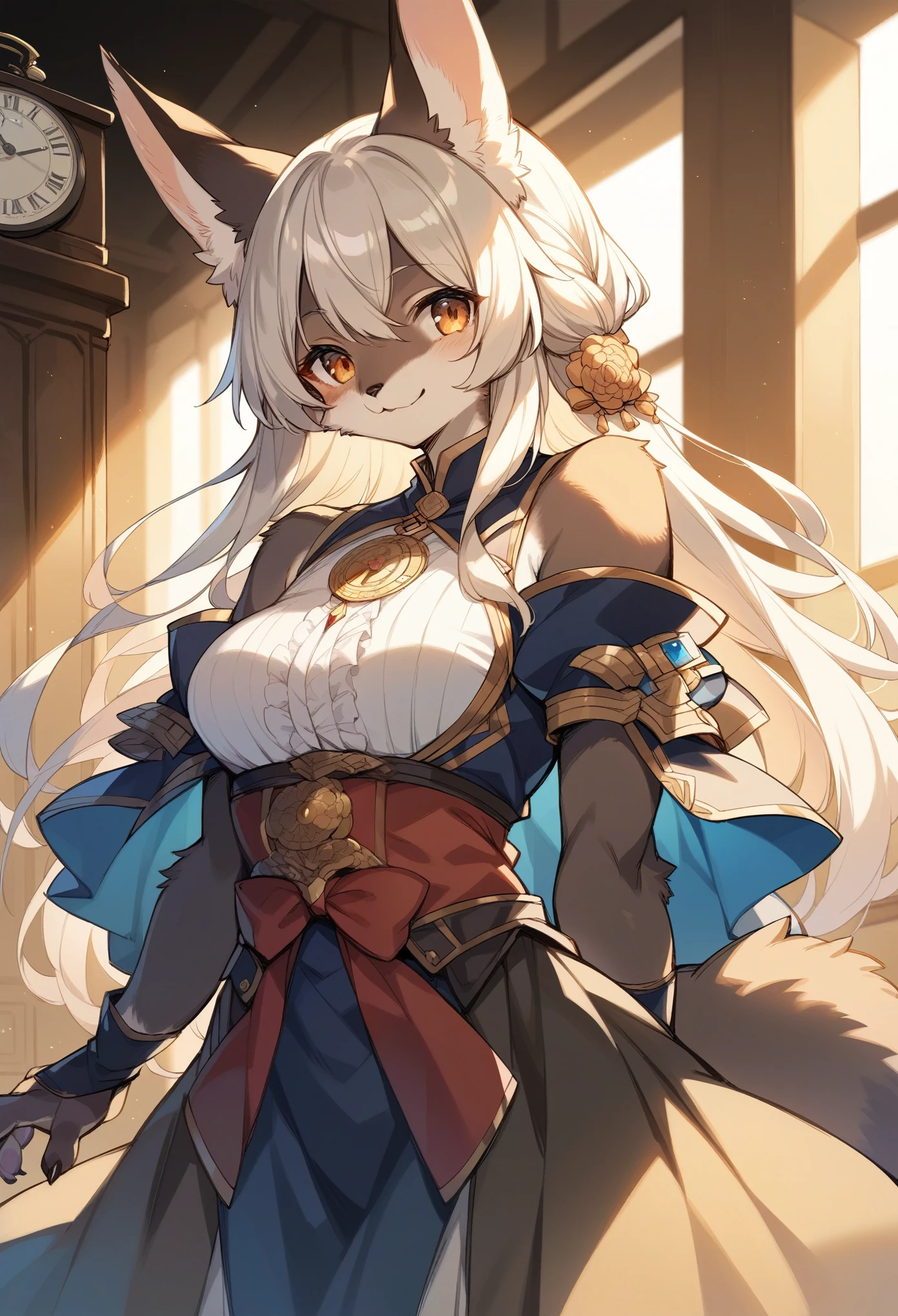 rating_safe, score_9, score_8_up, score_7_up, score_6_up, score_5_up, score_4_up, hires, source_furry, cover page, highres(1girl, kemono, furry anthro, fearless smile, reach for the clock) in room with clock, fantasy artwork, cinematic lighting, Backlight,