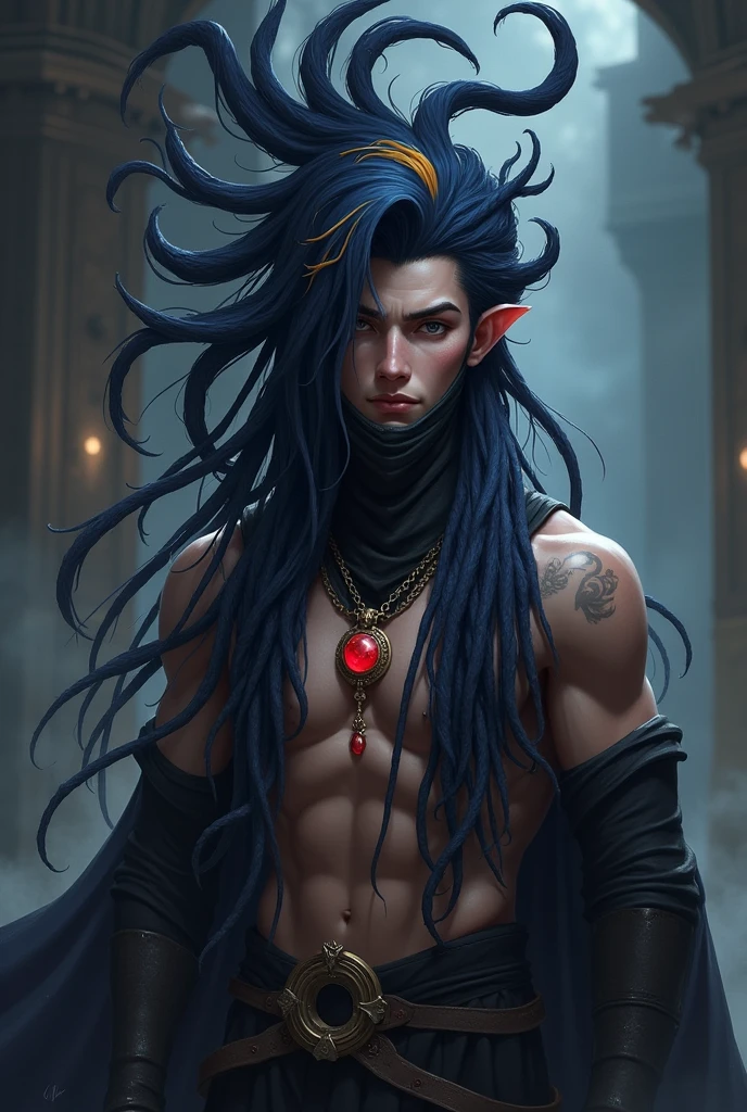 League of legends style, dark blue dreadlocks in the shape of tentacles, Dreadlocks in the form of tentacles should be left with the ends of the hair facing upwards, ancient warrior clothes, emperor clothes, masculine, young man without many muscles, no bear, black clothes, red jewel pendant on neck, clothes that show the body, mask in the face, one yellow hair and one red hair, the dreads must have the same shape as the previous image, but it must be suspended upwards and must be in all hair, sem mechas sem dreads, all locks must have tentacle style dreads.