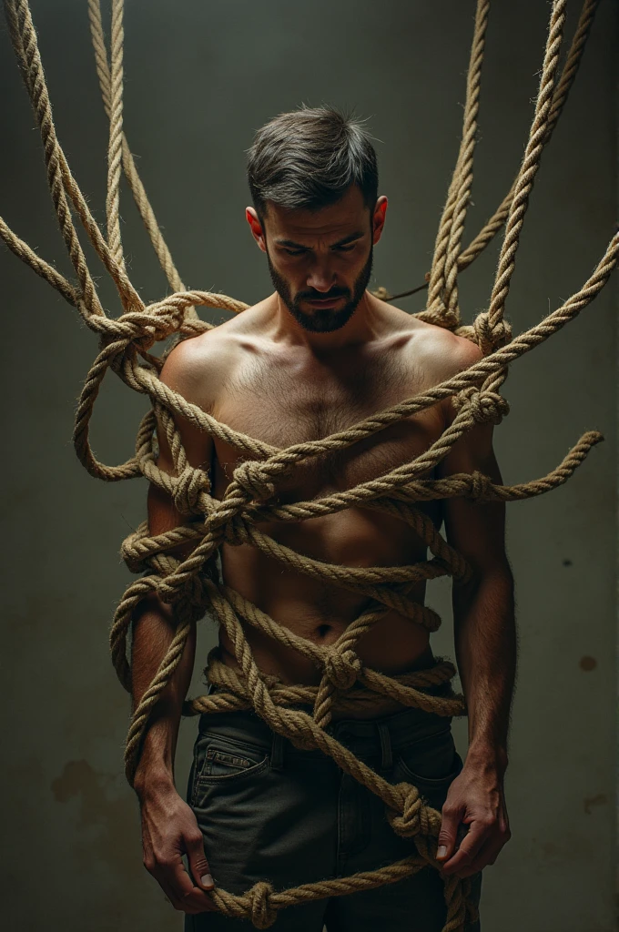 Man is tied by many ropes symbolizing challenges