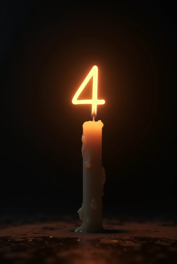 A lit candle, with the flame making the shape of the number "4", dark background illuminated by candle