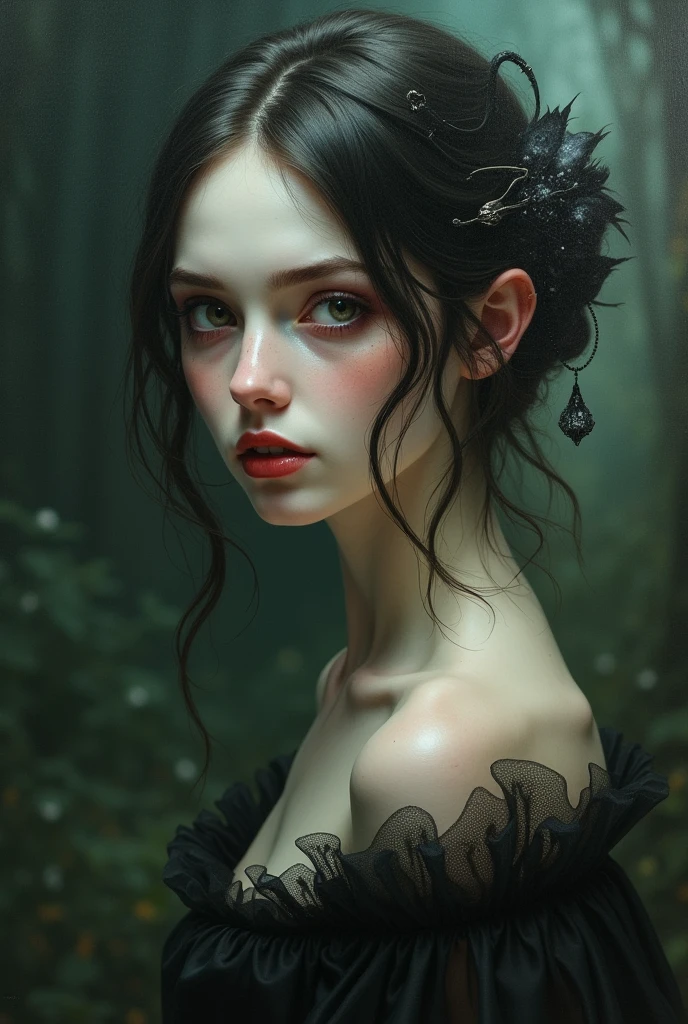 a sad creepy girl in dark woodland,victorian, concept art, detailed face, fantasy, close up face, highly detailed, cinematic lighting, digital art painting by greg rutkowski