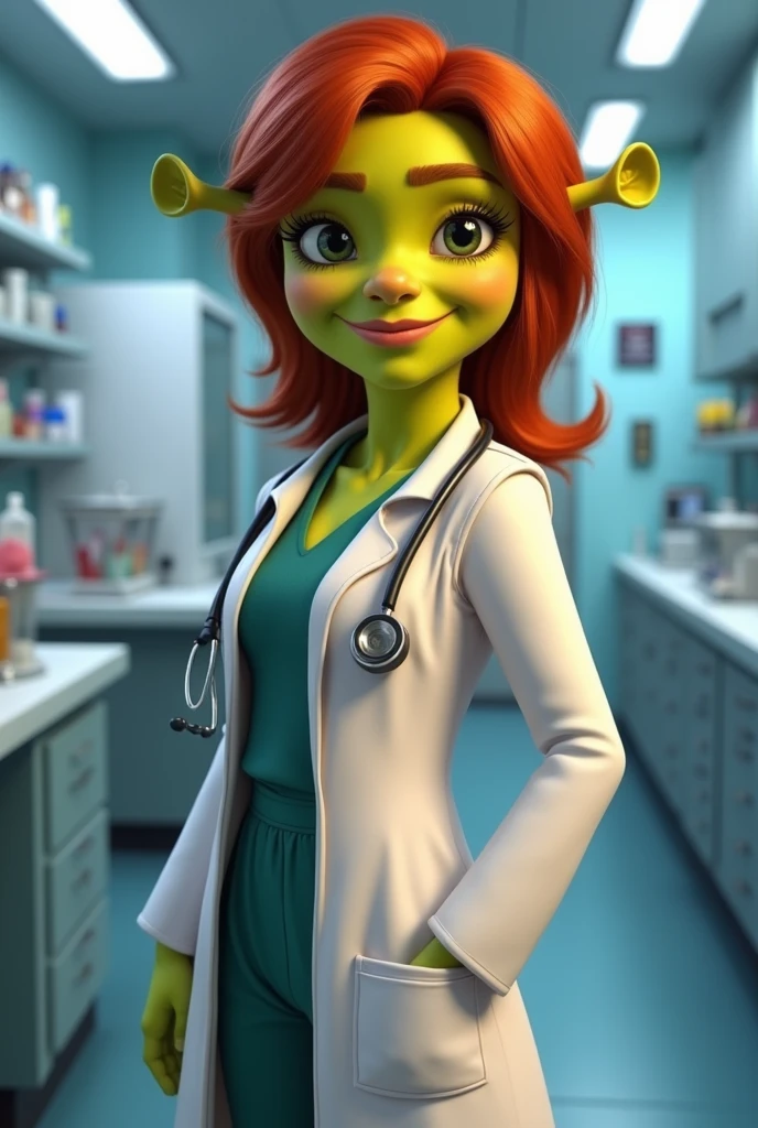 Fiona from the Shrek movie, more faithfully to the character, but in a lab coat, stethoscope dressed as a doctor.