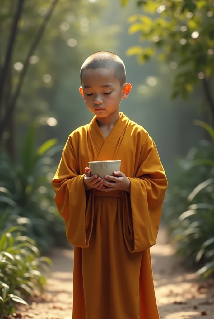 Young Monk stand with filled cup