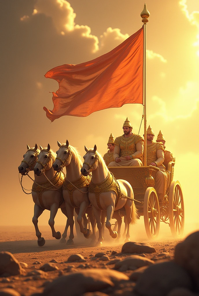 Create an image side view of a large, ornate golden chariot pulled by five  horses. Each horse is muscular and adorned with intricate, royal harnesses. A large golden-red flag waves proudly from the chariot, its colors vibrant against the backdrop. The entire scene is bathed in a warm, divine glow, with the chariot appearing as if it's in motion across a celestial landscape