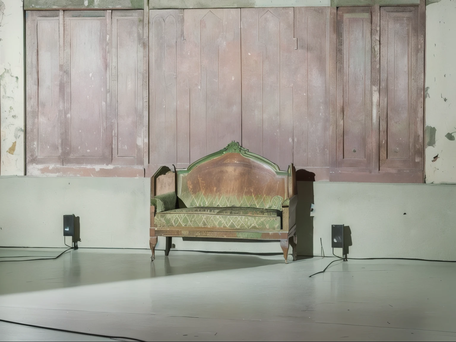 A stage measuring one and a half metres by two metres. It is 20 centimeters tall. The background of the wall is green. There are small sofas on the stage., stained glass lamps and books. No stairs. The floor of the premises is white. And the stage floor is grey.