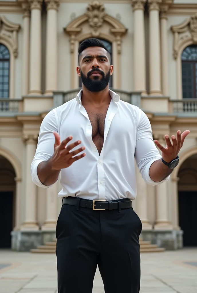 There is a muscular, bearded, mixed-race Brazilian man in a white dress shirt that is completely open.,black dress pants, social belt,looking at a cameraman, gesturing,in a TV news, in front of a large building, peru, royal Palace, parliament, peruvian, peruvian looking, proportionate, Julia Fontes, Palace, quito school, an intermediate front shot, monumental giant Palace, Mexico City, freddy mamani wild facade, jorge lacera, Gita, chilean, Refik Anadol, central shot.